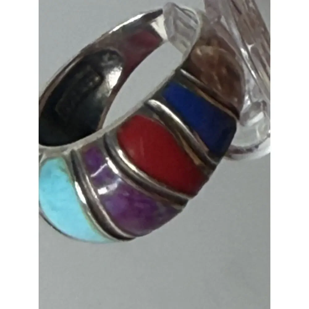 Vintage SE 925 Thailand Sterling Silver Multicolor Inlay Statement Ring 7.5
